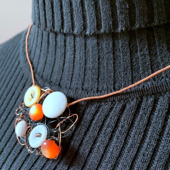Handmade - Cooper Wire - Wrapped Button & Bead Statement Necklace - Picture 4 of 10